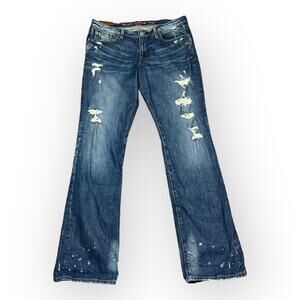 Ruehl No. 925 | Vintage Distressed Splatter Medium Wash Bootcut Jeans | Size 30